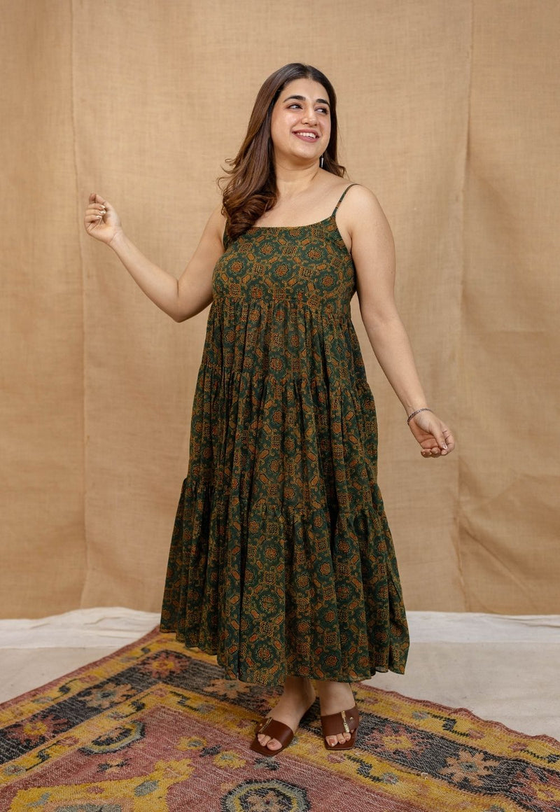 Mehreen Green Ajrakh Mul Cotton A Line Dress