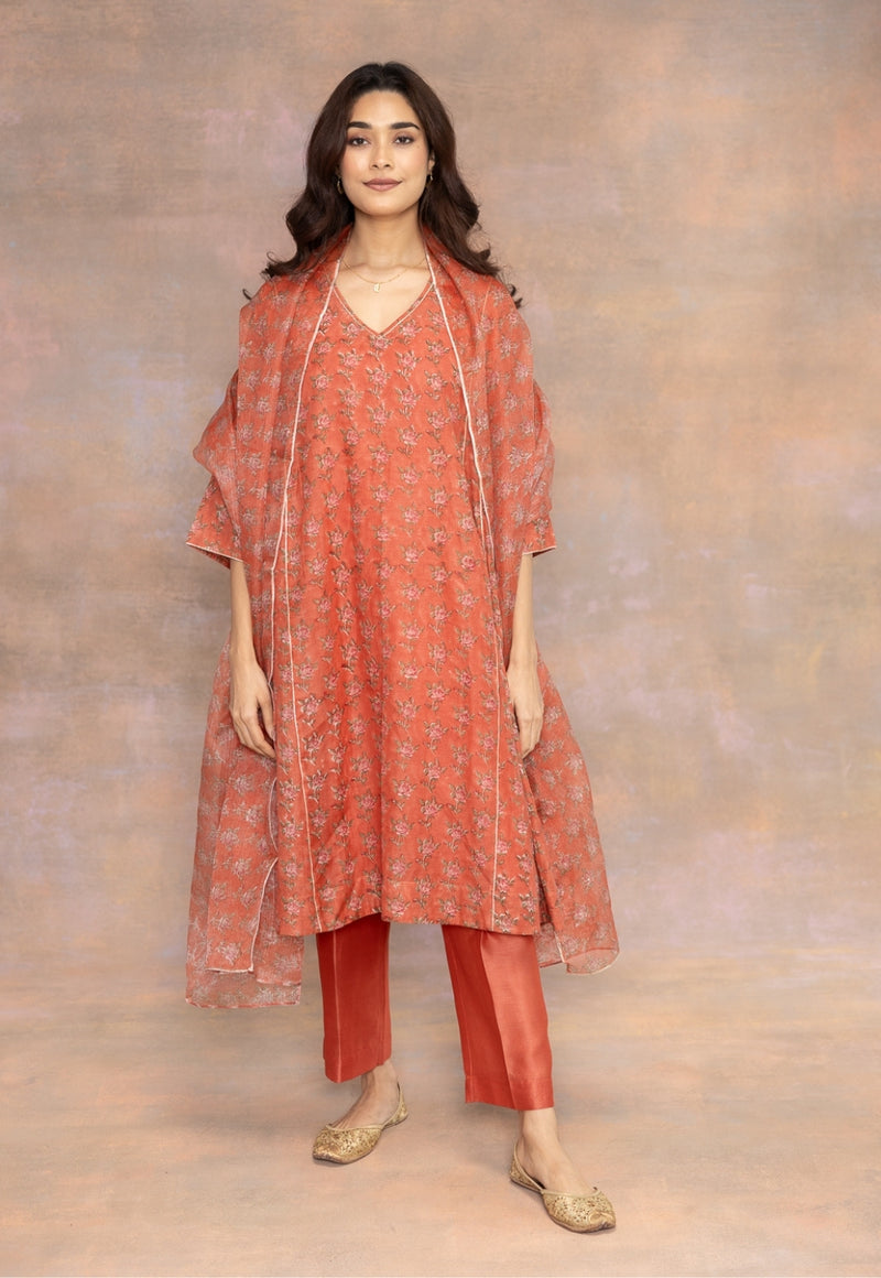 Rosa Orange Sanganeri Chanderi Silk Kali Kurta with Lace Detailing and Slip