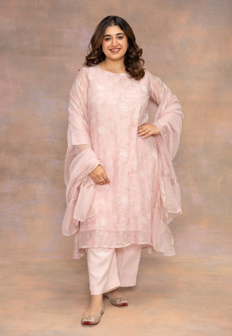 Rose Pink Sanganeri Chanderi Silk A Line Kurta with Mukaish Detailing