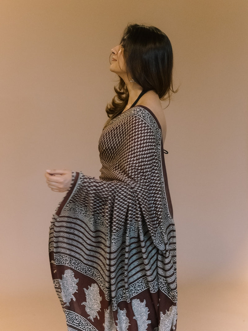 Black Butti Bagru Hand Block Print Modal Saree