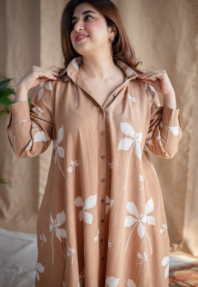 Trusha Light Brown A Line Dabu Slub Cotton Dress