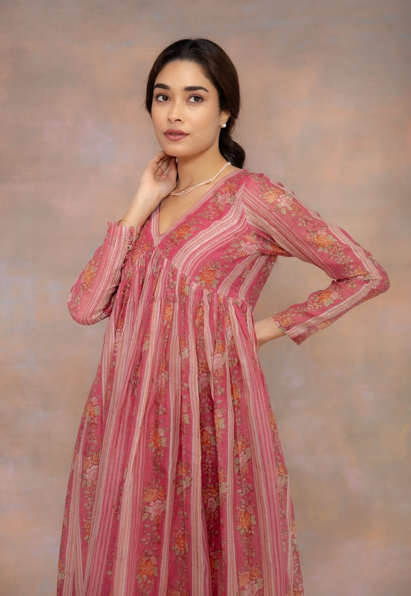 Rooz Pink Sanganeri Chanderi Silk A Line Kurta with Lace Detailing