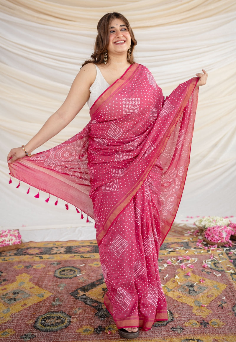 Boond - KaisoriBandhani pink and black Bandhani cotton saree