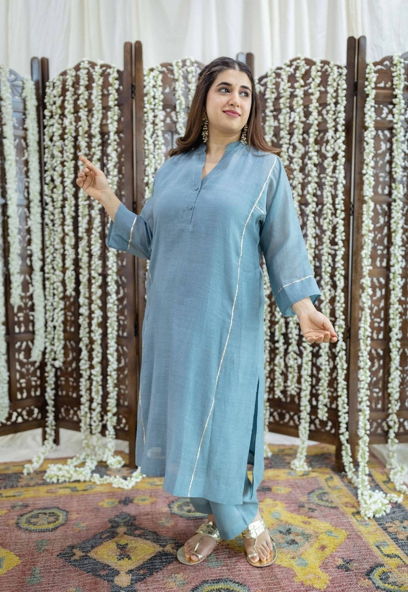 Tarani Light Blue Jhabba Kali Chanderi Silk Gota Patti Kurta Set (Set of 3)