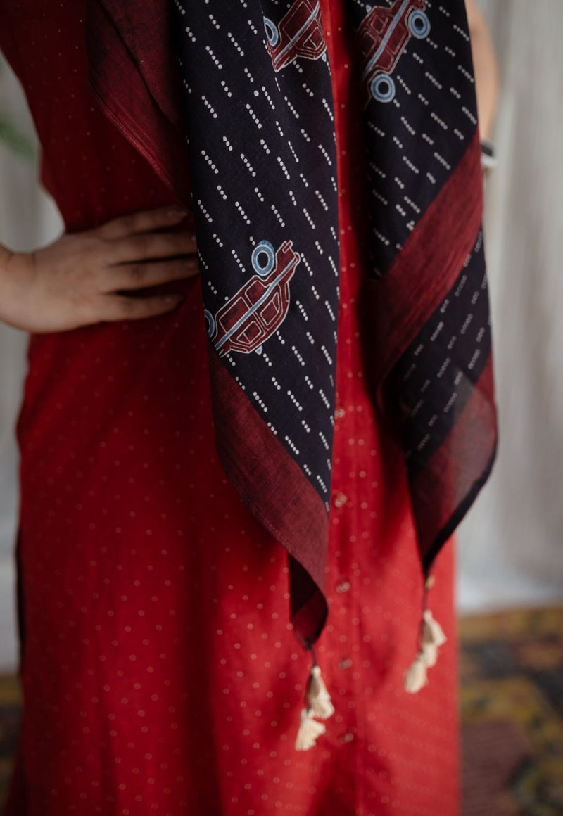 Taxi Charcoal Ajrakh MulMul Handblock Printed Scarf