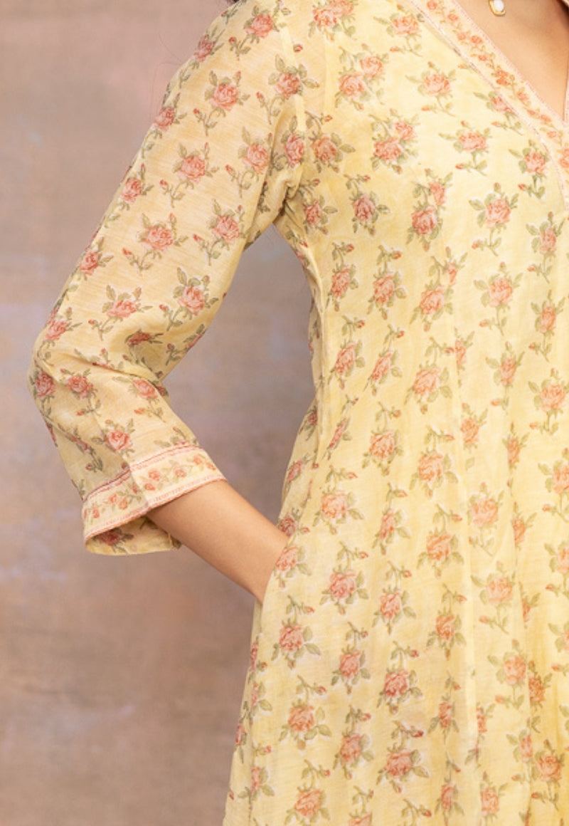 Rosa Yellow Sanganeri Chanderi Silk Kali Kurta