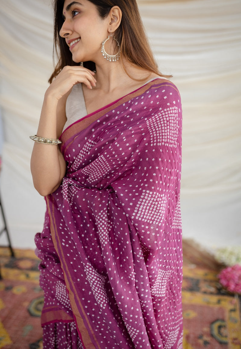 Purple Bandhani Cotton Silk Saree