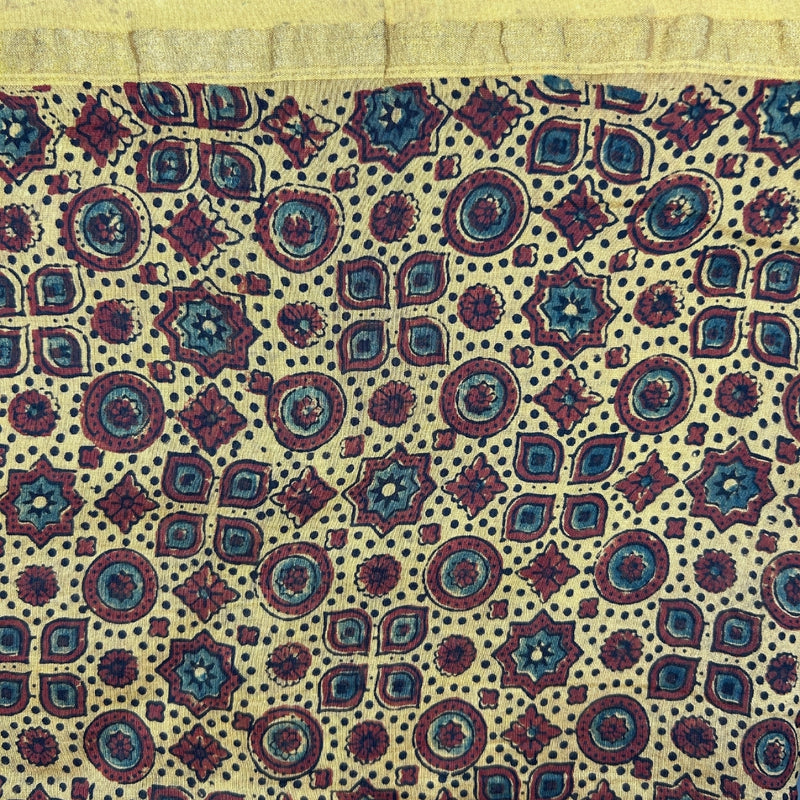 Mustard Circle Pattern Ajrakh Handblock Printed Chanderi Fabric