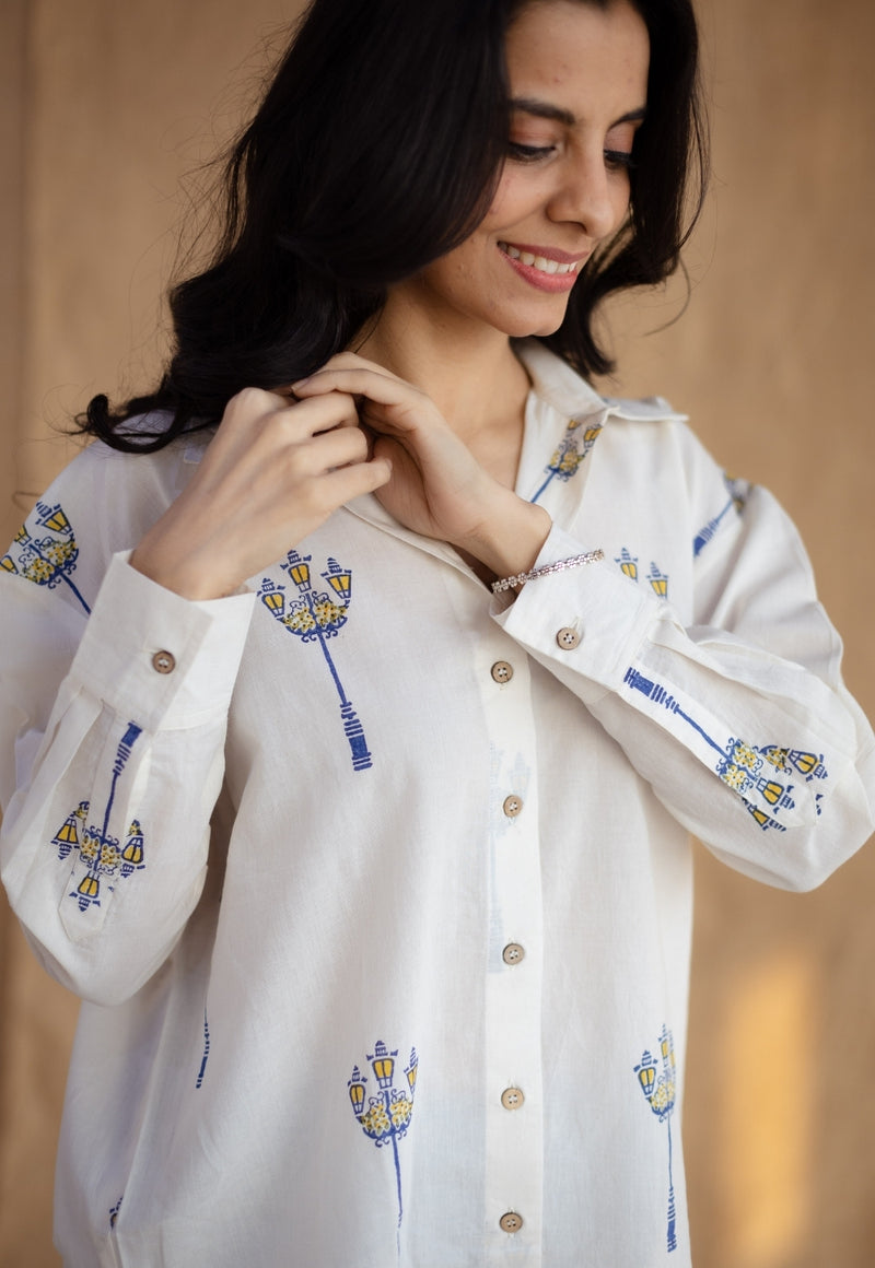 Ruhi White Block Printed Cotton Loose Shirt