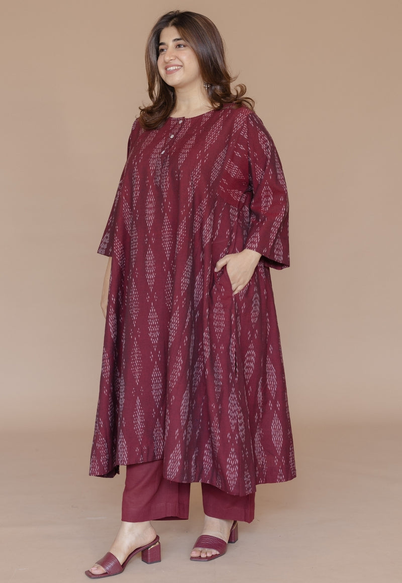 Alizah Red Handloom Ikkat Cotton Jhabbha Kali Kurta