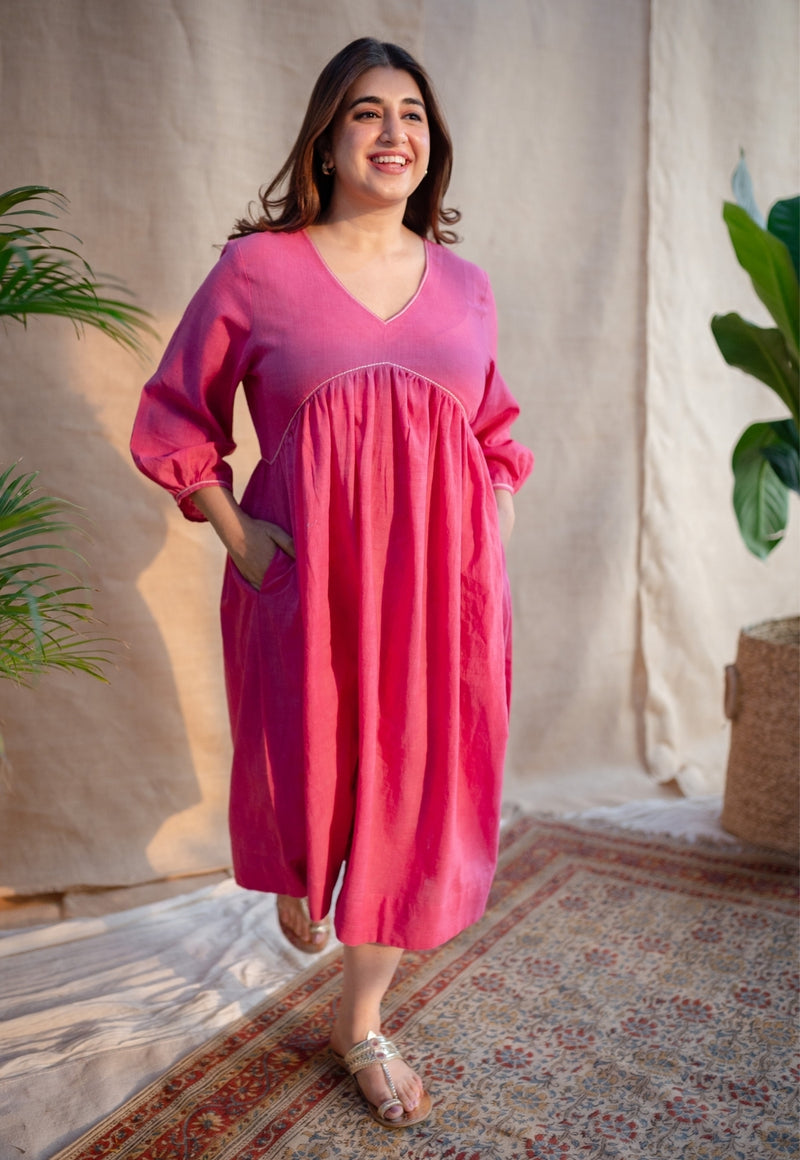 Jenifa Pink A Line Slub Cotton Dress with Embroidery