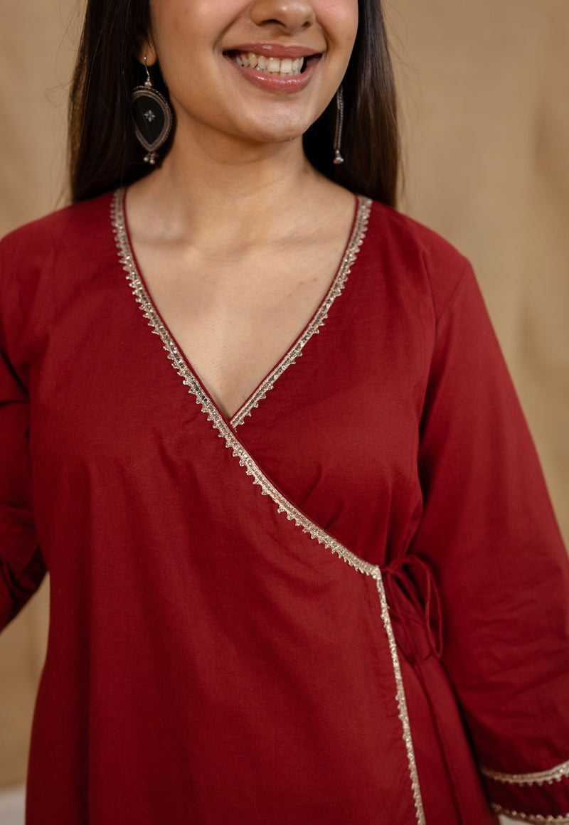 Sarayu Mulmul Cotton Maroon Angrakha Kurta Set (Set of 3)