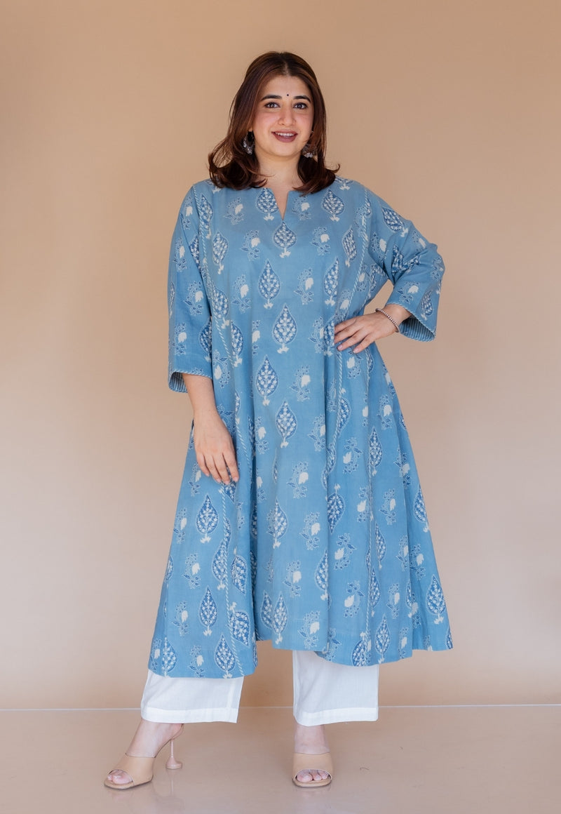 Aashi Blue Ajrakh Cotton Jhabbha Kali Kurta