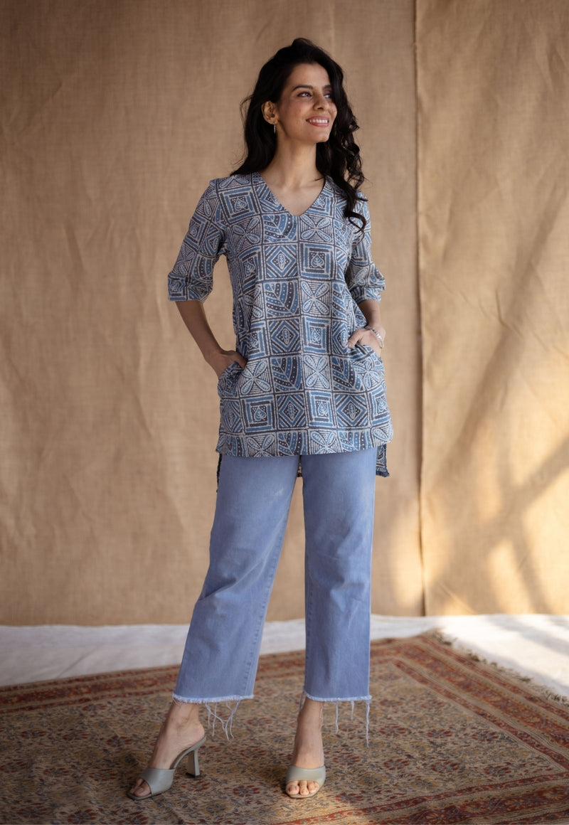 Saniya Blue Batik Cotton Straight Short Top