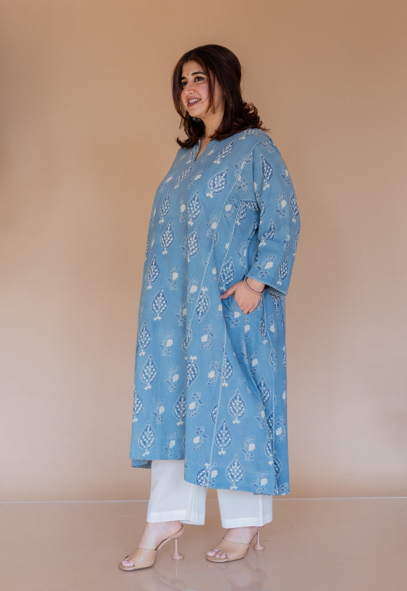 Aashi Blue Ajrakh Cotton Jhabbha Kali Kurta