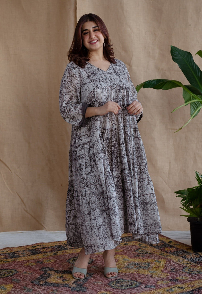 Anayat Charcoal Batik MulMul Cotton A Line Dress