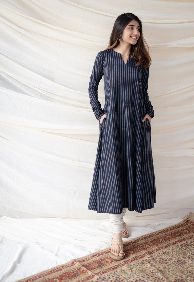 Neela Cotton Striped Ajrakh Kali kurta