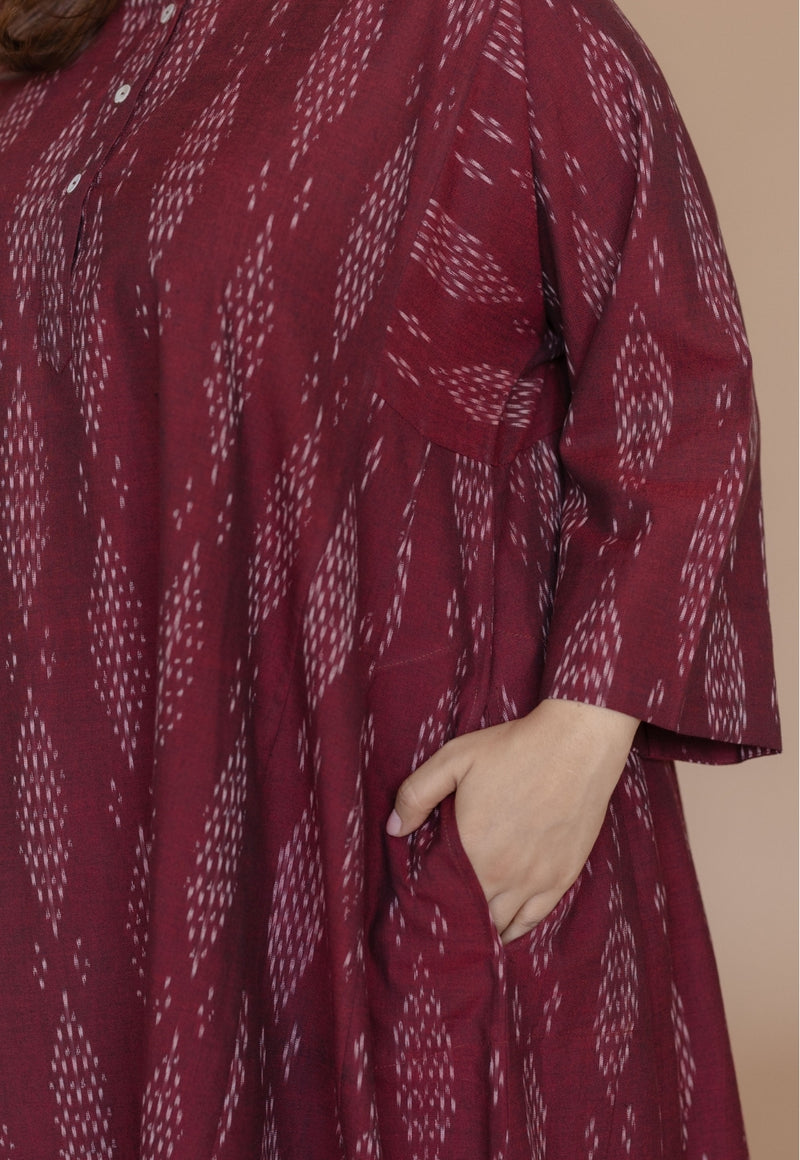 Alizah Red Handloom Ikkat Cotton Jhabbha Kali Kurta