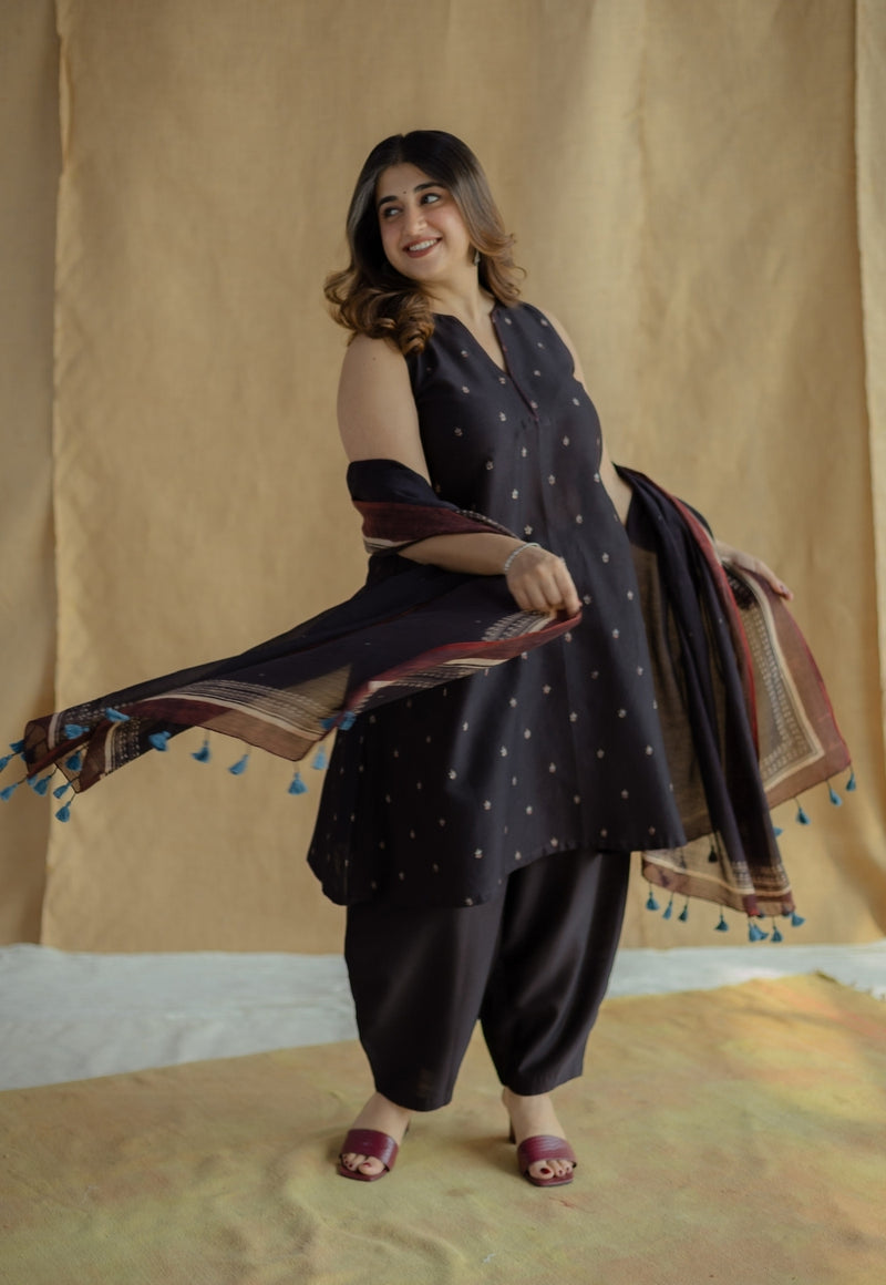 Nida Black Ajrakh Chanderi Silk A Line Kurta with Hand Embroidery