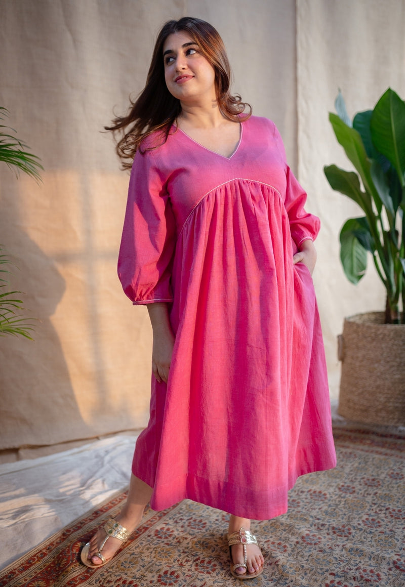 Jenifa Pink A Line Slub Cotton Dress with Embroidery