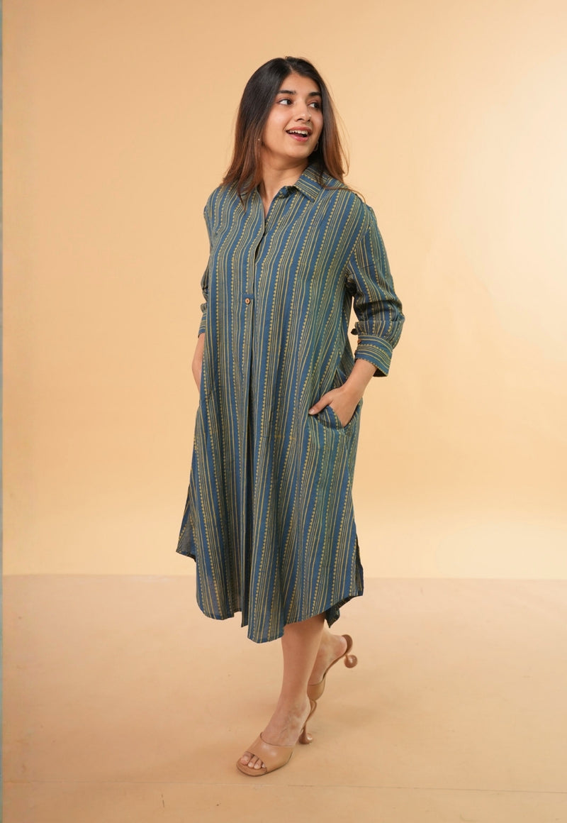 Ridah Blue Ajrakh Cotton A Line Dress