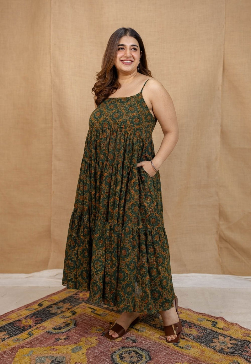 Mehreen Green Ajrakh Mul Cotton A Line Dress