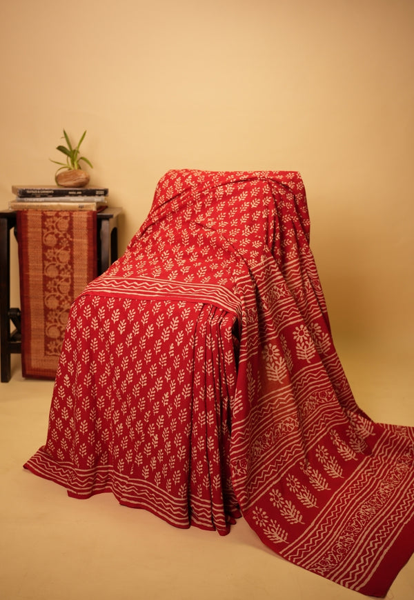 Red Butti Dabu Hand Block Print Cotton Saree