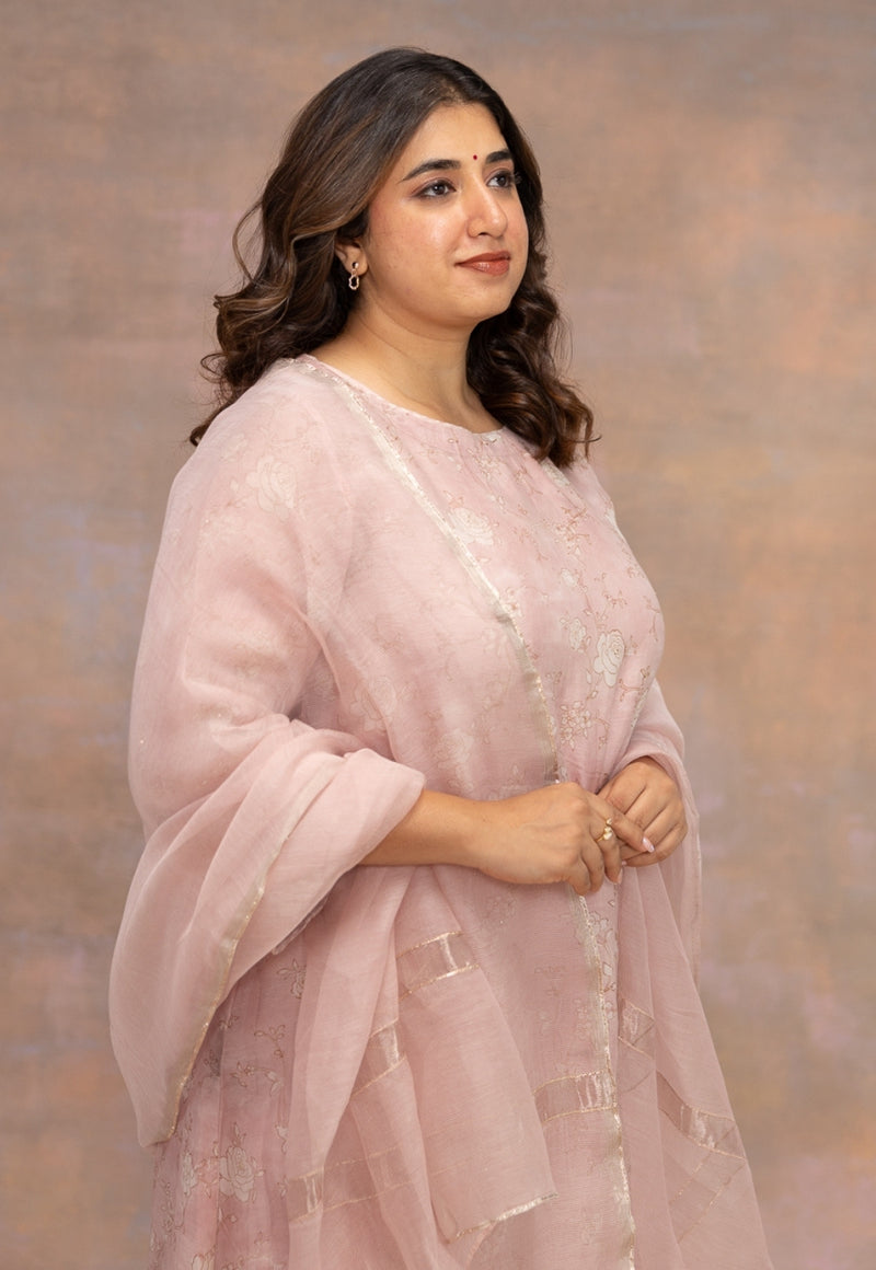 Rose Pink Sanganeri Chanderi Silk A Line Kurta with Mukaish Detailing