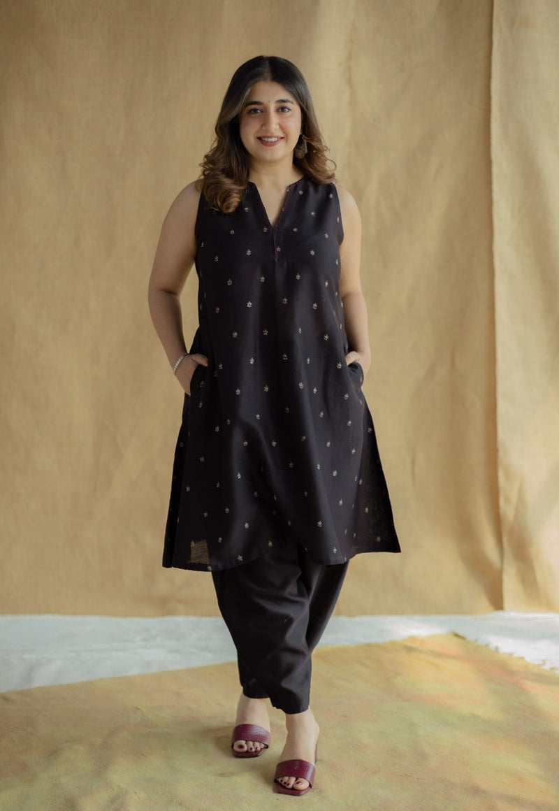 Nida Black Ajrakh Chanderi Silk A Line Kurta with Hand Embroidery