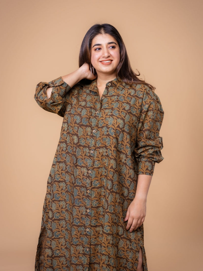 Samiyah Brown Ajrakh Cotton Shirt Dress