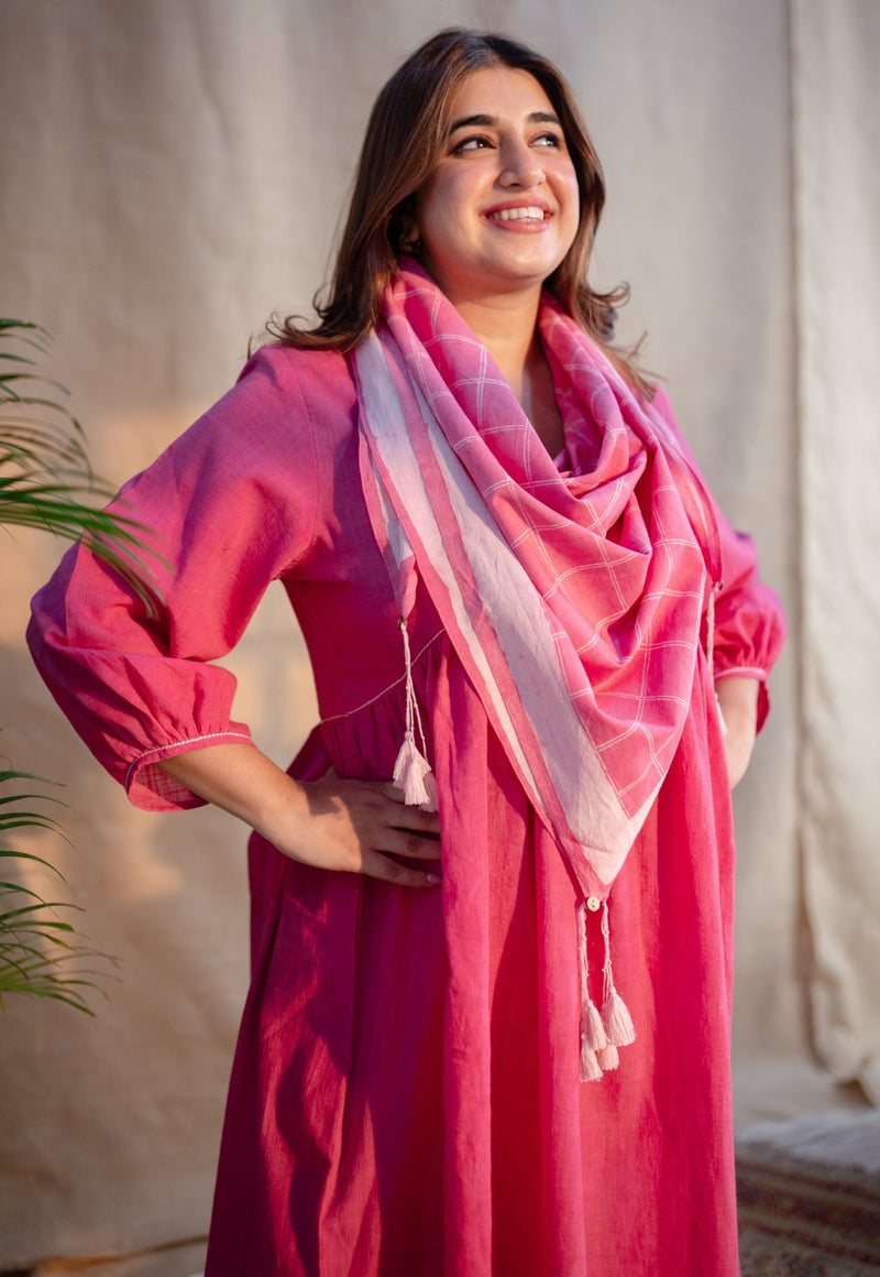 Ruhee Pink Checks Dabu Mul Cotton Scarf