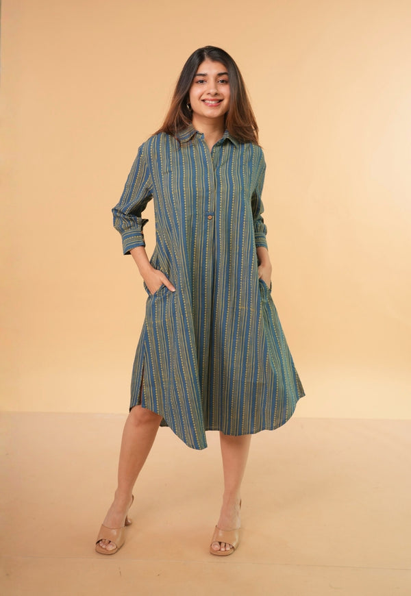 Ridah Blue Ajrakh Cotton A Line Dress