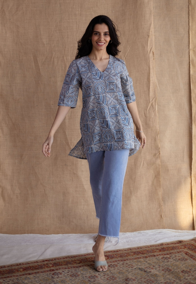 Saniya Blue Batik Cotton Straight Short Top