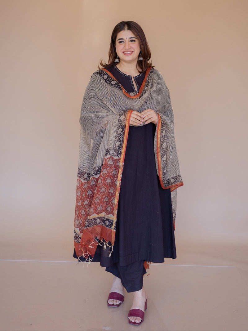 Nyra Black Solid Slub Cotton Jhabbha Kali Kurta with Hand Embroidery