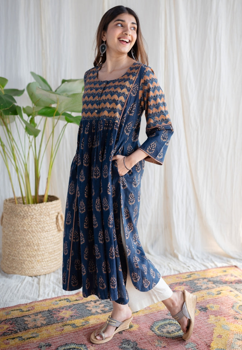 Aarna Ajrakh Cotton Hand Embroidered  Kurta