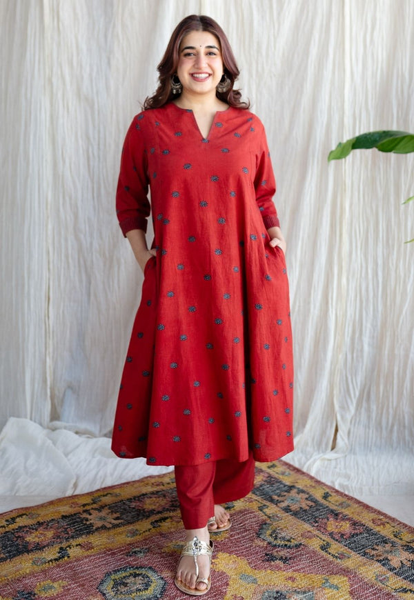 Kamal Red Ajrakh Cotton Kali Kurta with Hand Embroidery