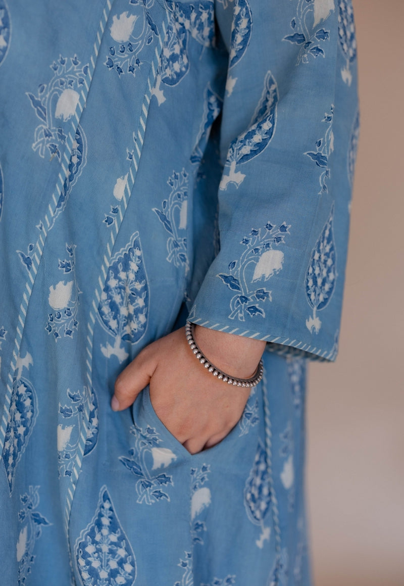 Aashi Blue Ajrakh Cotton Jhabbha Kali Kurta
