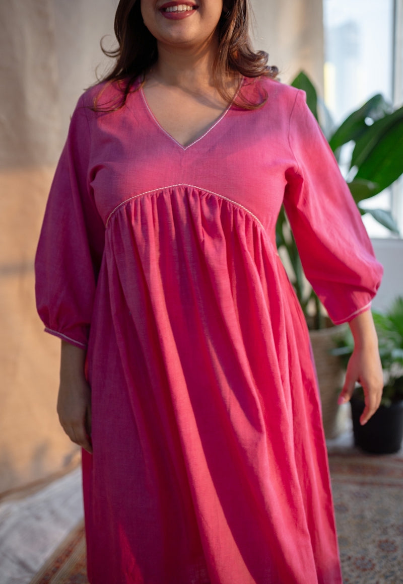 Jenifa Pink A Line Slub Cotton Dress with Embroidery