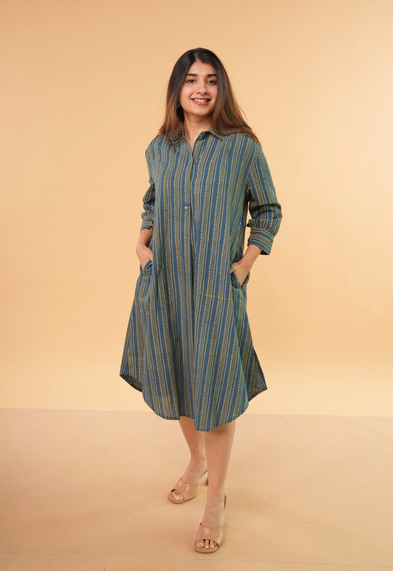 Ridah Blue Ajrakh Cotton A Line Dress