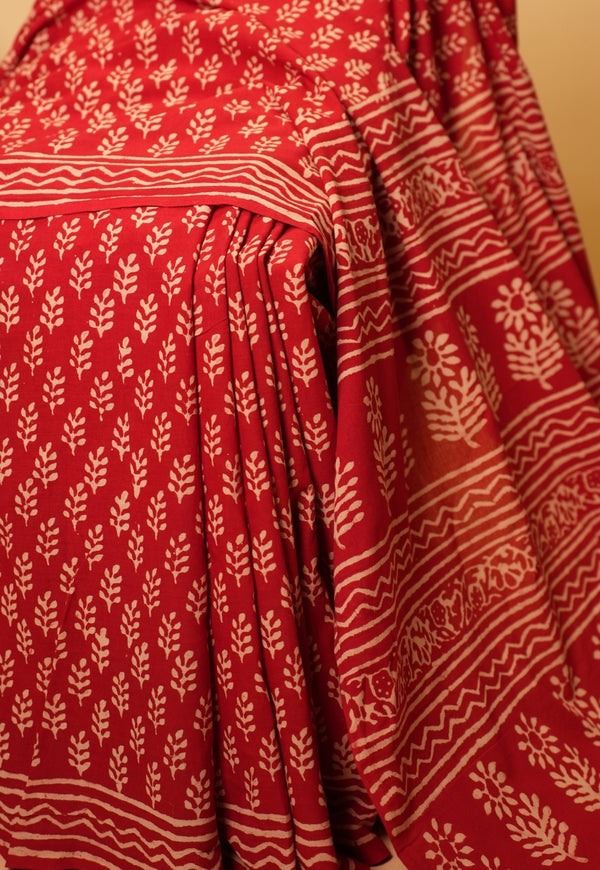 Red Butti Dabu Hand Block Print Cotton Saree