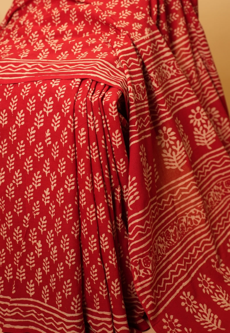 Red Butti Dabu Hand Block Print Cotton Saree