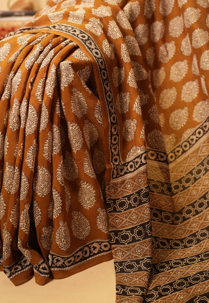 Yellow Butta Bagru Hand block Print Modal Saree