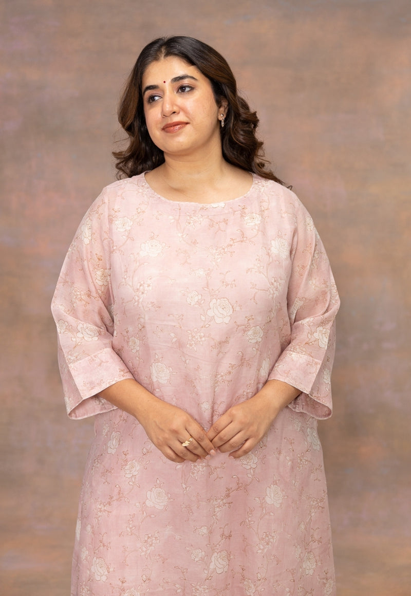 Rose Pink Sanganeri Chanderi Silk A Line Kurta with Mukaish Detailing