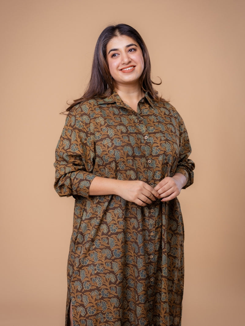 Samiyah Brown Ajrakh Cotton Shirt Dress