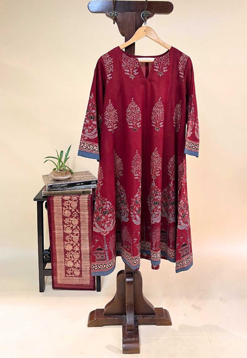 Prisha Red Ajrakh Cotton Kali Kurta