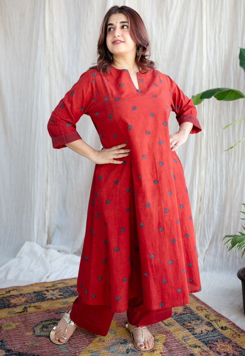 Kamal Red Ajrakh Cotton Kali Kurta with Hand Embroidery