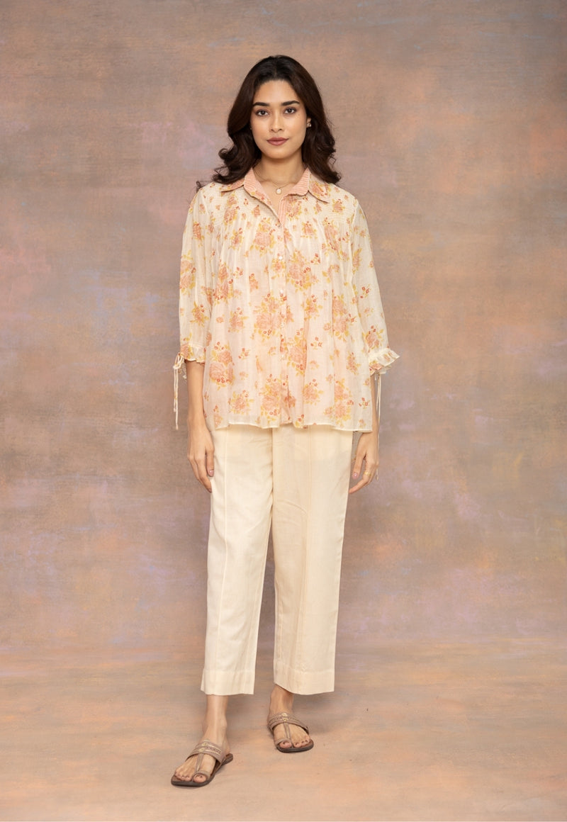 Rozgul Beige Sanganeri Chanderi Silk Straight Shot Top with Hand Embroidery