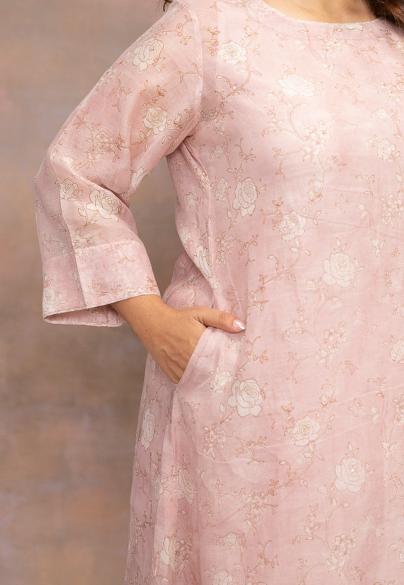 Rose Pink Sanganeri Chanderi Silk A Line Kurta with Mukaish Detailing