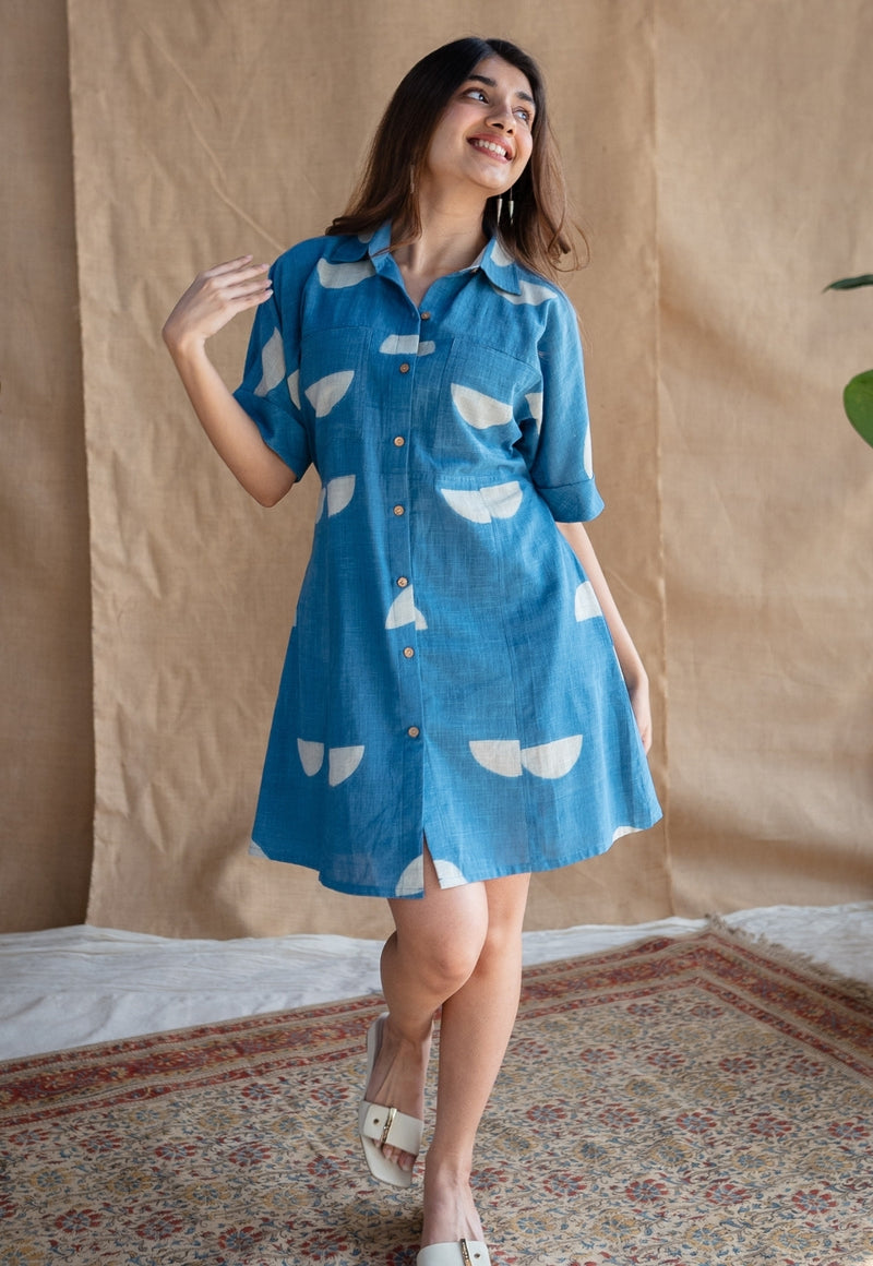 Azrin Indigo Dabu Slub Cotton A Line Dress