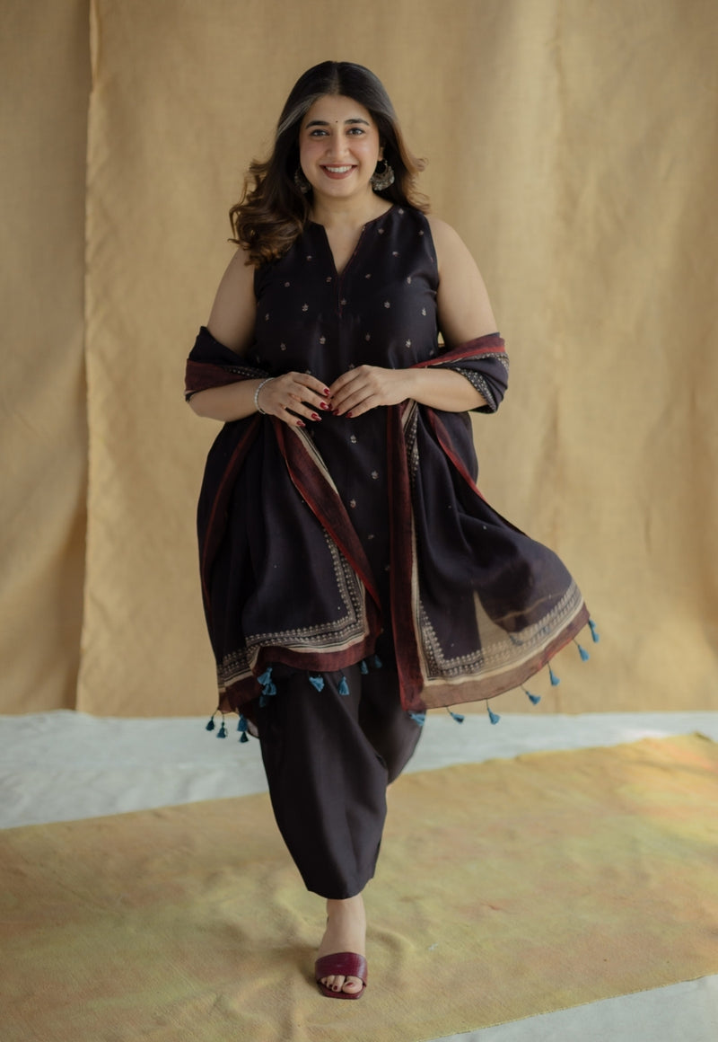 Nida Black Ajrakh Chanderi Silk A Line Kurta with Hand Embroidery